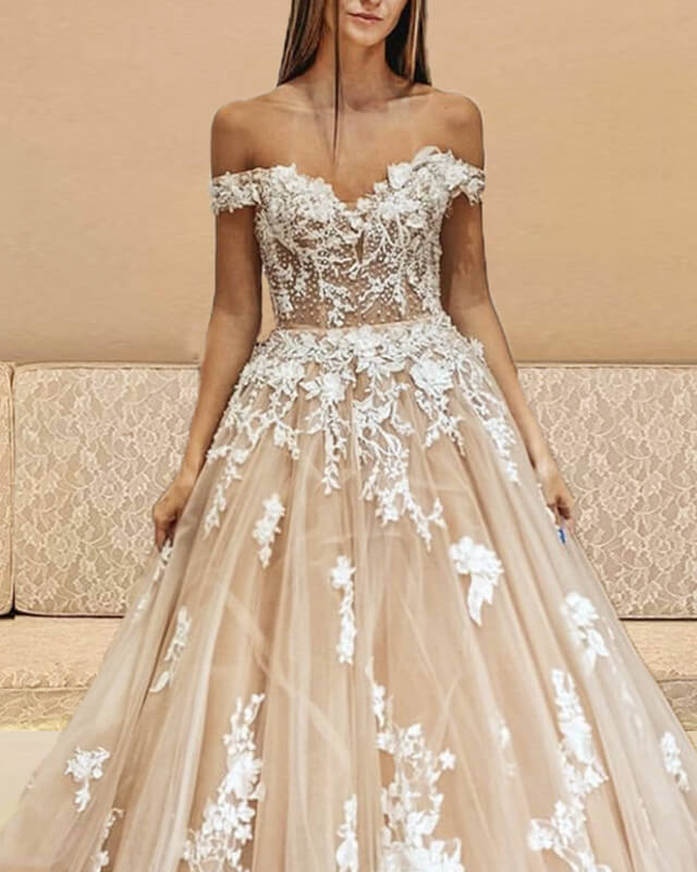 Champagne off the shop shoulder wedding dress