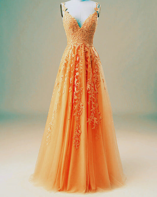 SQOSA Spaghetti Straps Orange Sequins Appliques Long Prom Dress with Slit QP2551 US16 / Orange